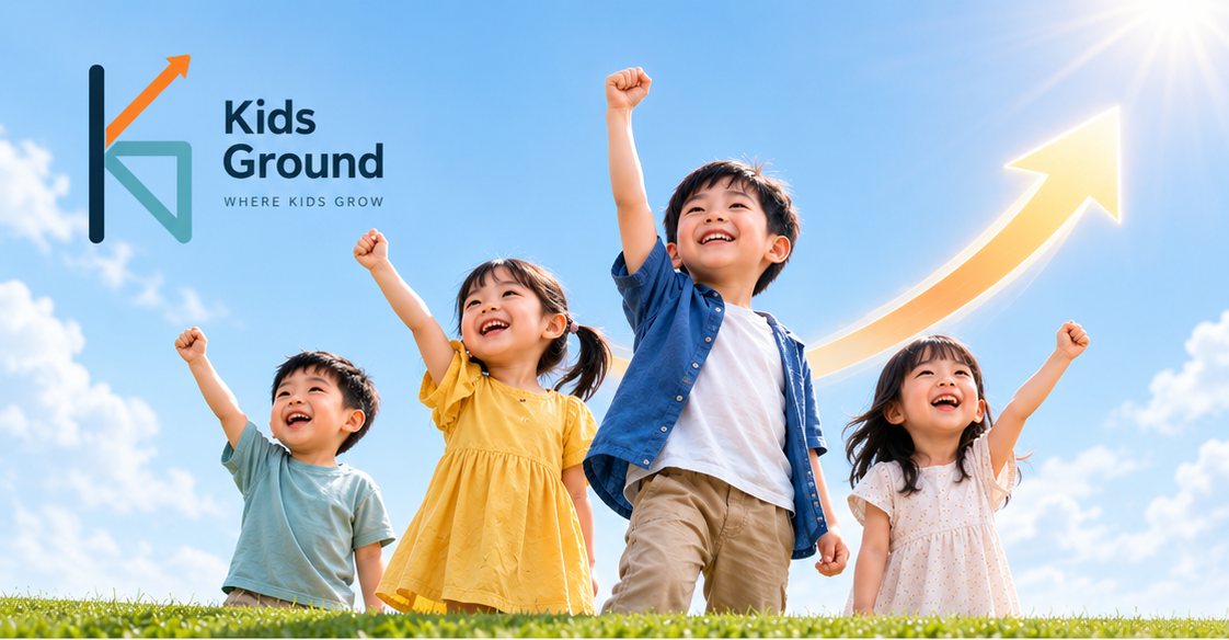 Four young children cheering with their arms raised